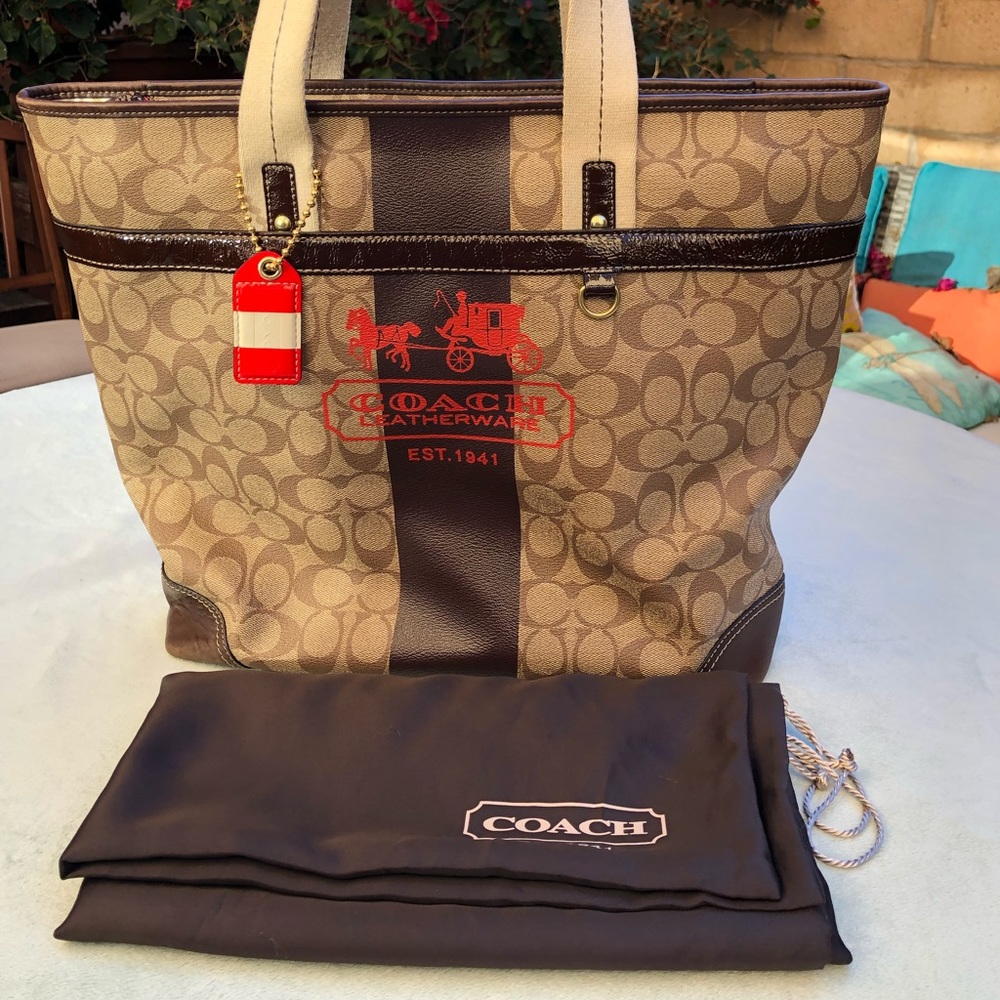 Coach Rare Heritage Monogram Signature Brown Tan Tote Carryall Coated Bag